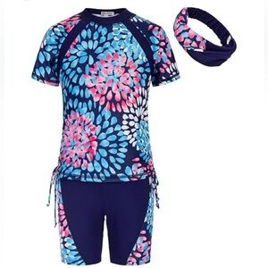 GRACE KARIN Girl Rash Guard Short Sleeve Two Piece Swimsuit Tie Swimwear 10